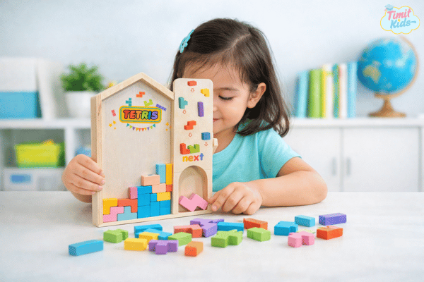 Child playing with colorful Tetris blocks.